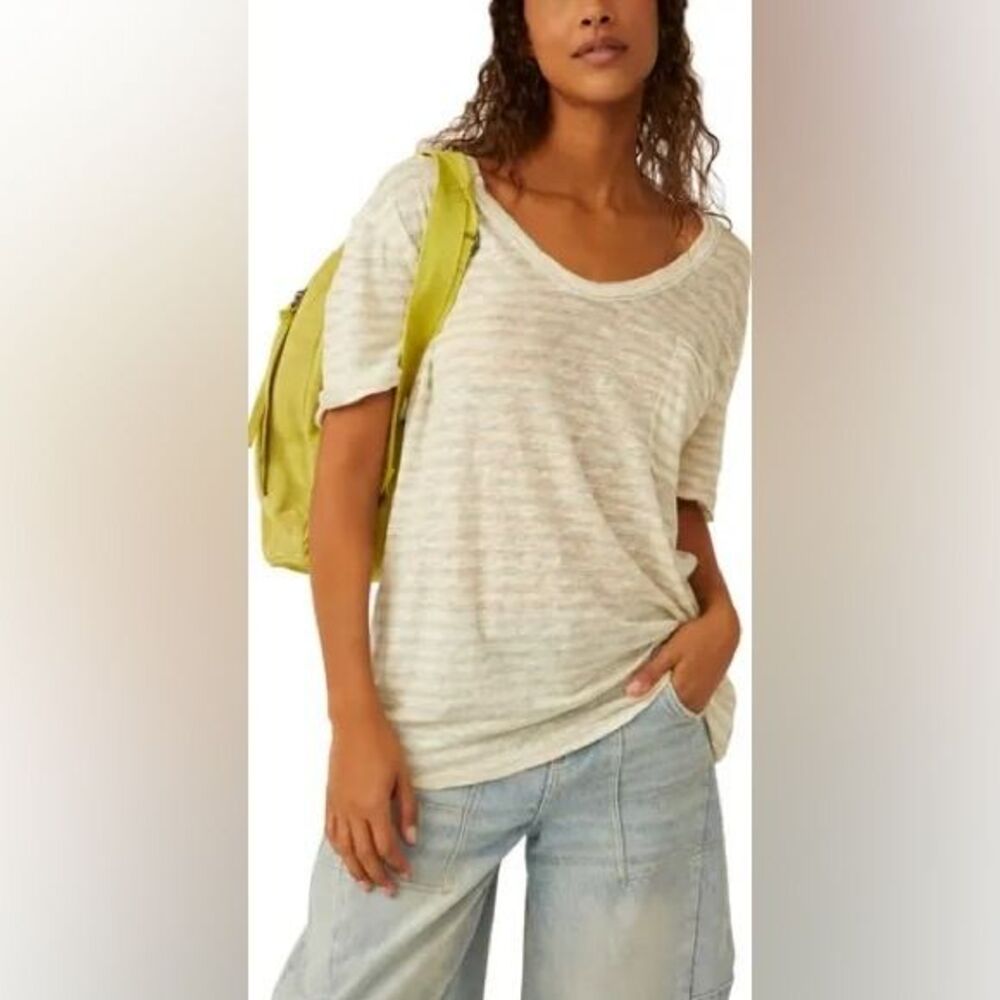 Free People All I Need Striped Short-Sleeve T-Shirt white aqua medium linen - Picture 10 of 12